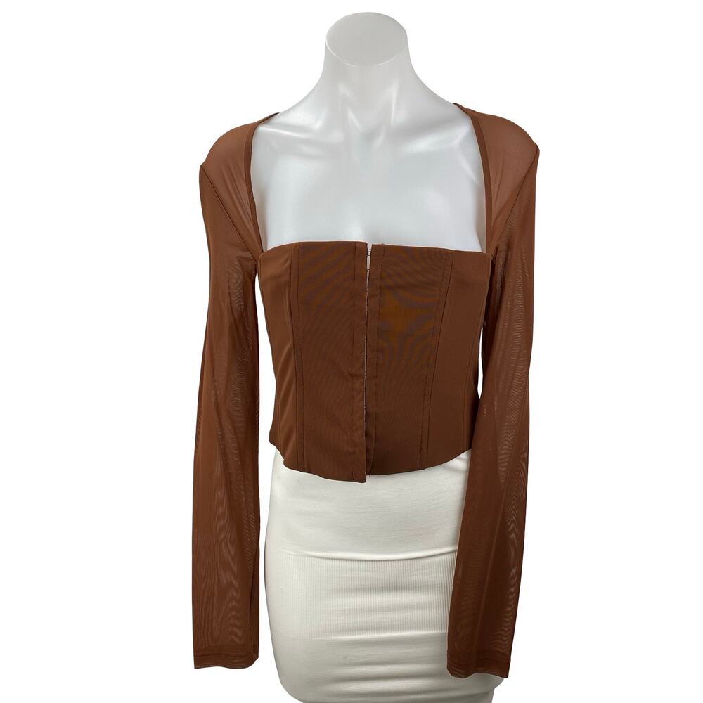 With Jean Al Women's Sheer Mesh Square Neck Long Sleeve Crop Corset Blouse Top M